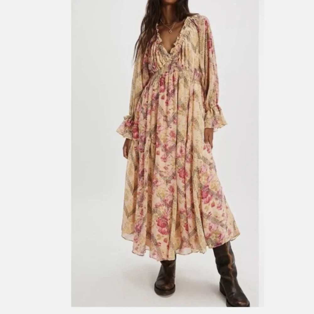Free People Lena Printed Ethereal Billowy Ruffles Midi Dress